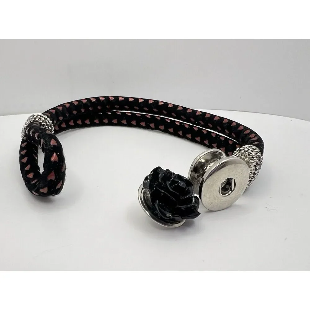 Snap Jewelry Black W Red Leather Bracelet 8